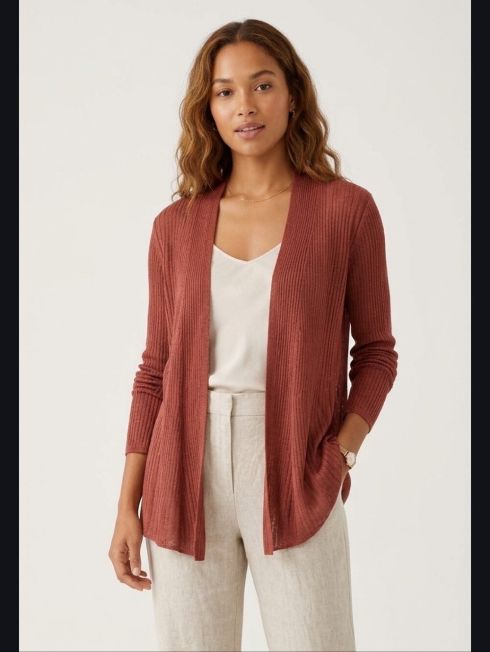 Eileen Fisher Rust Linen Cardigan Sweater Small
